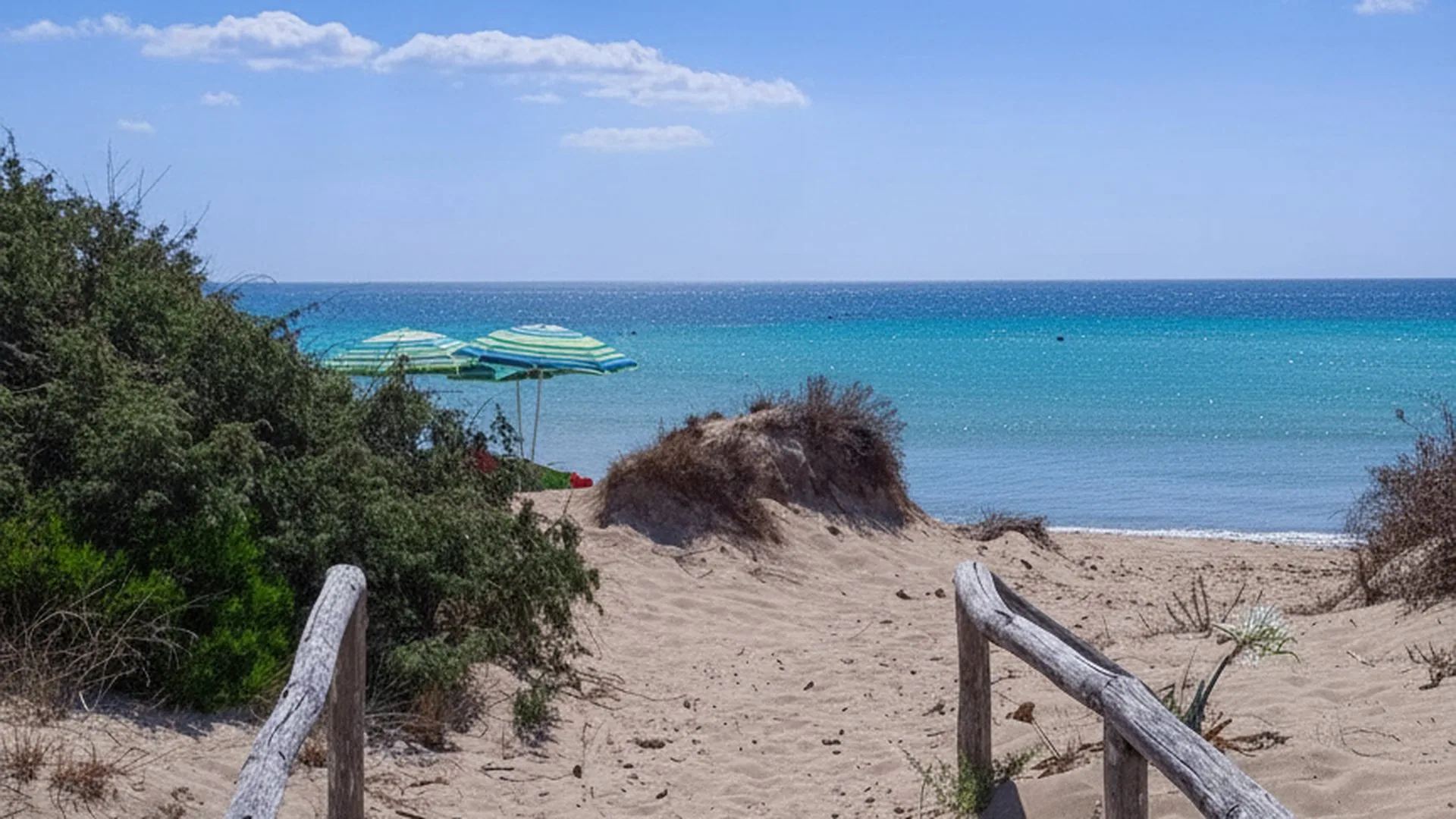 Spiaggia salentina quasi deserta con dune e vegetazione in una giornata limpida